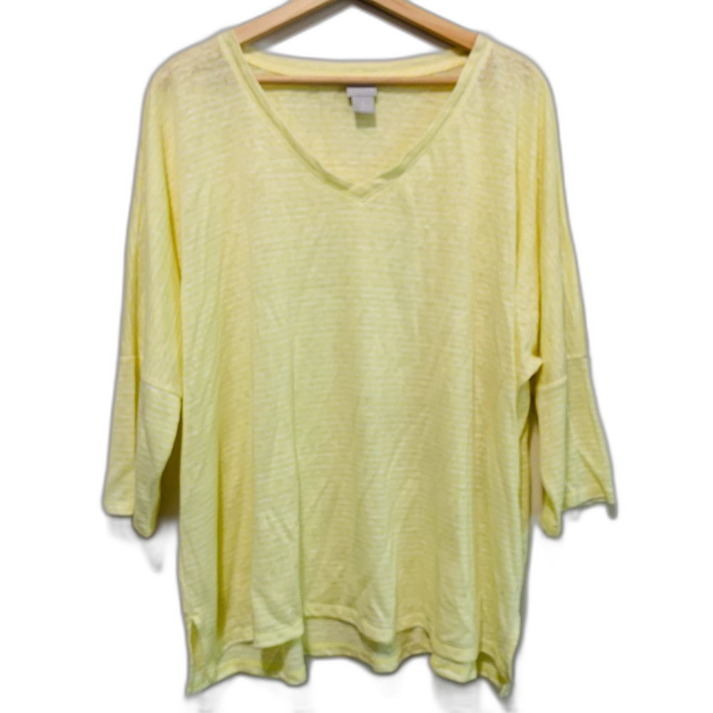 Chico's Yellow and White Striped Knit linen top size xl